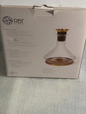 RBT Glass Decanter with Wood Coaster - Clear and Gold Accents NWB